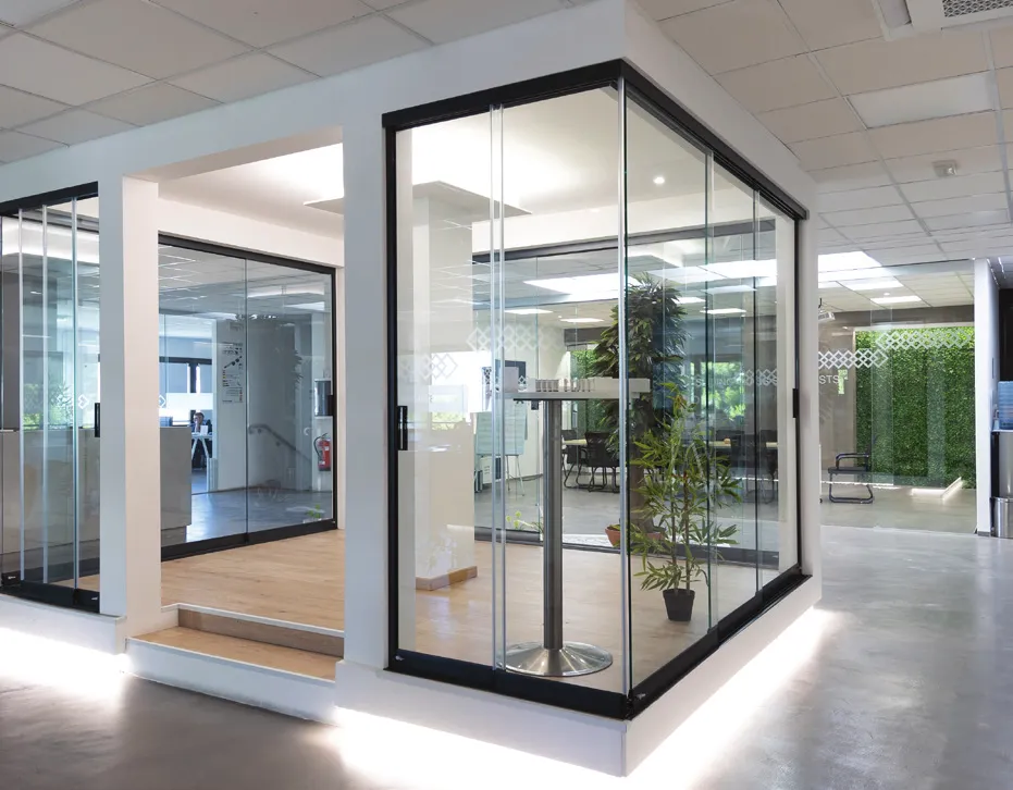 Glass cabin with light profiles on display in the showroom