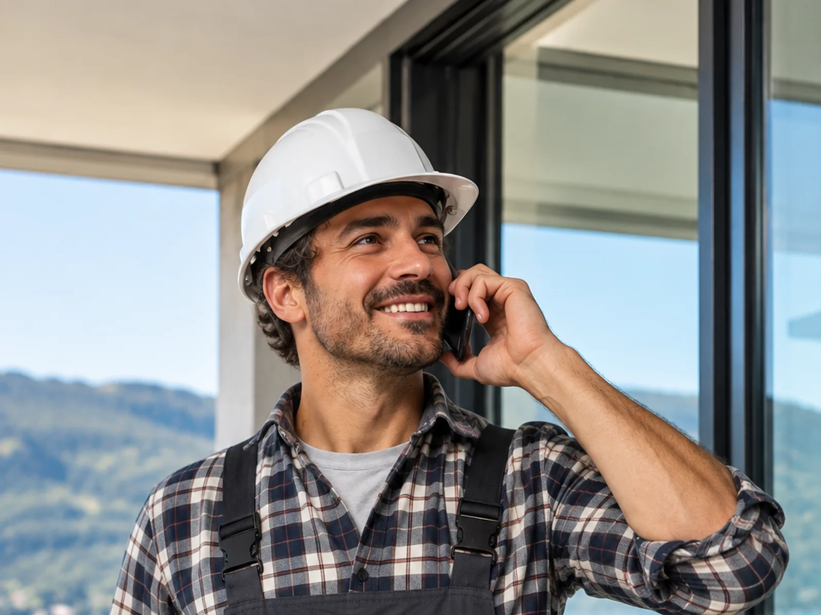 An installer in a hard hat on the phone in front of a sliding glass door