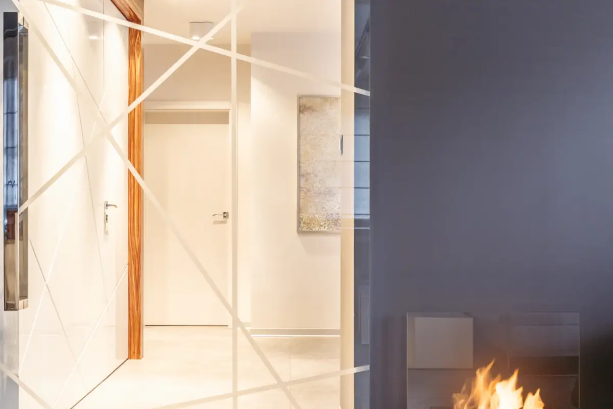 Sky sliding door in a living room with a fireplace