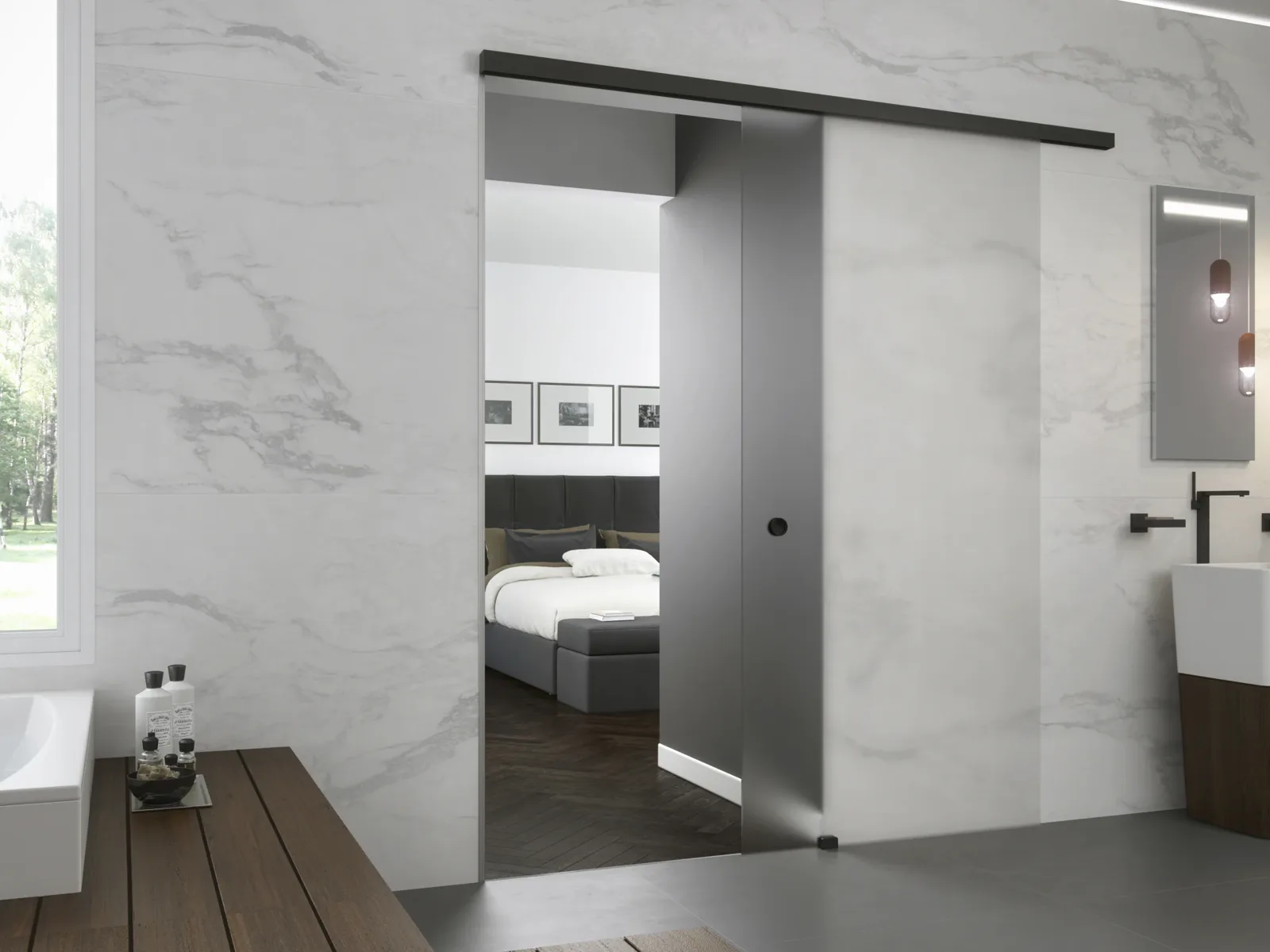 Frontal in smoked glass closing a bedroom bathroom with marble walls