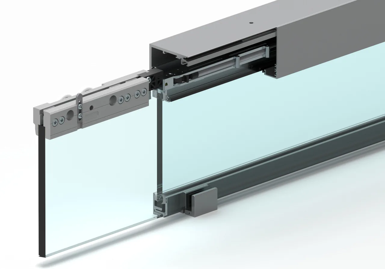 Frontal XL con vetro fisso e profili argento, vista in sezione del binario e del carrello
