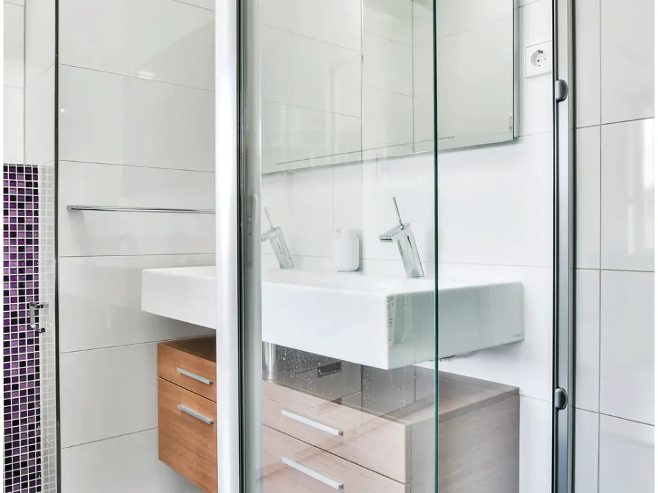 Lux accanto a un lavabo con mobile in legno