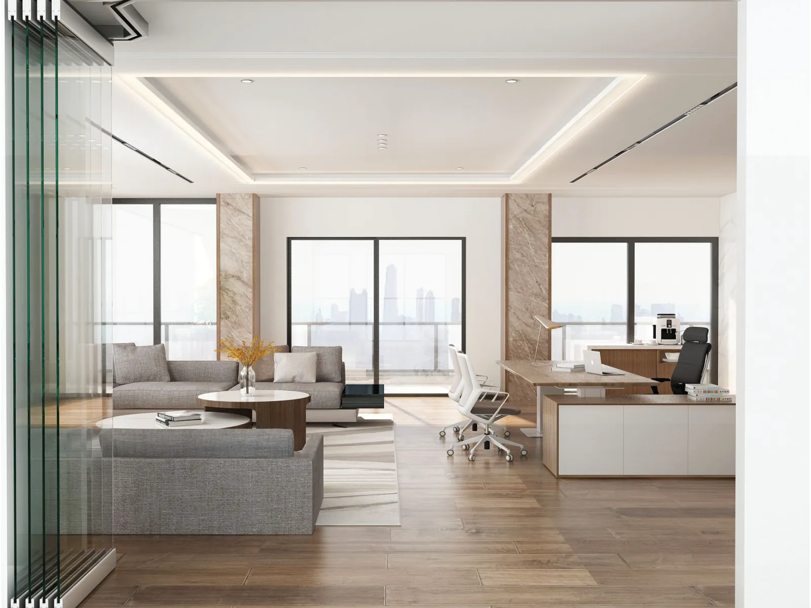 Living room with a Parking glass wall facing outside