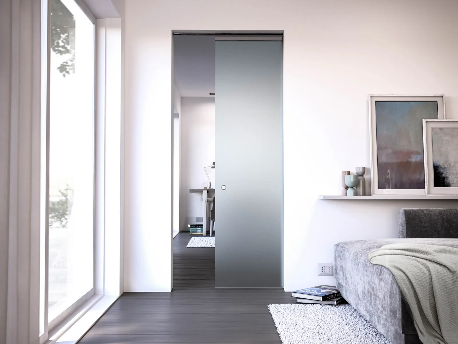 Pocket Glass with the satin panel retracted into the wall, opening clear