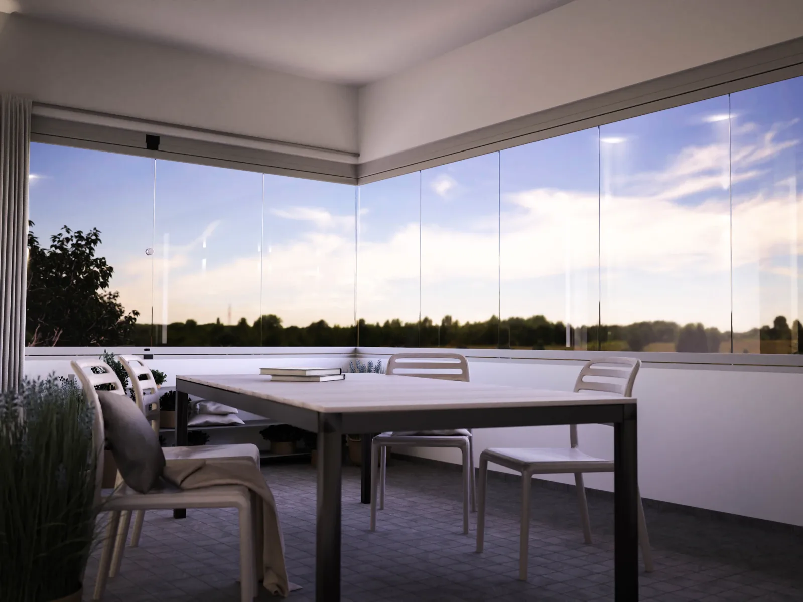 Starglass su un terrazzo di sera, tavolo apparecchiato e cielo al crepuscolo